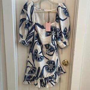 NWT Alexis San Paolo Giardino Blue Embroidered Linen Mini Dress - Size Small